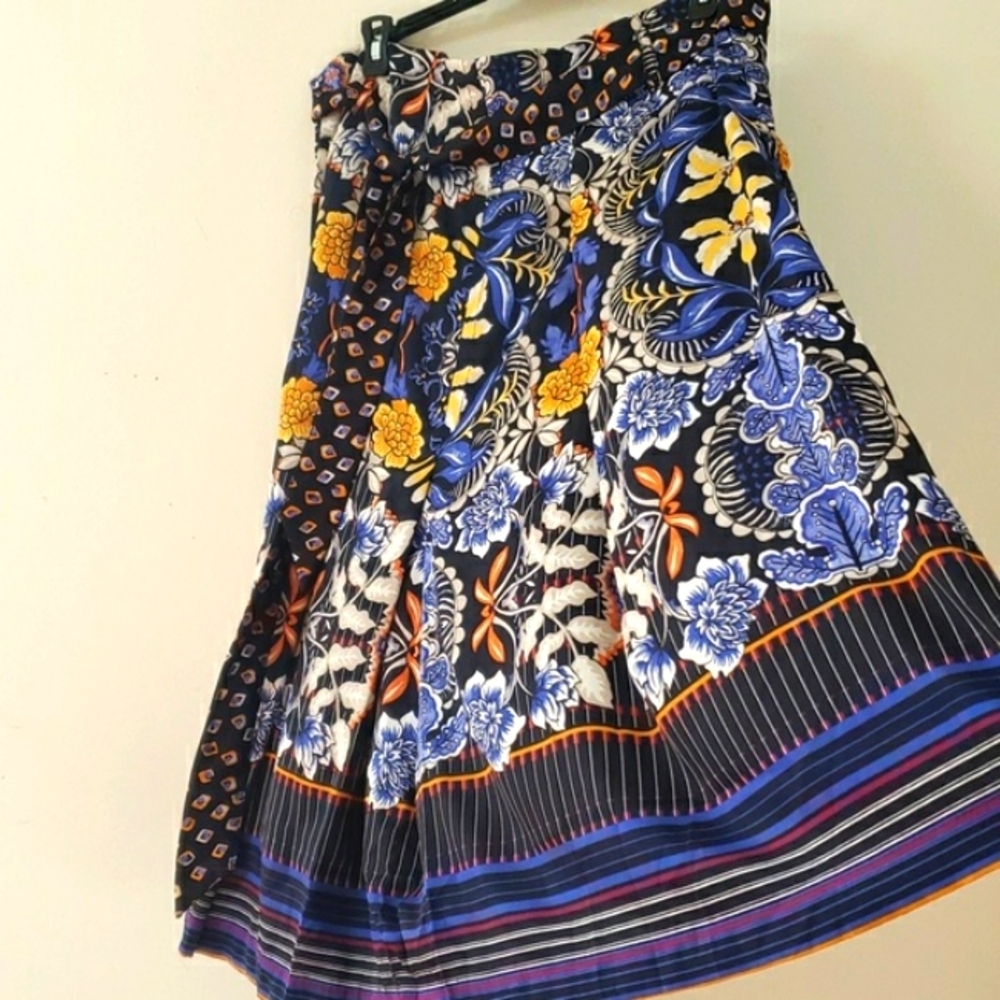 LOFT Womens Floral Blue Yellow Gray Black Pleated Silky Midi Skirt, Size 10
